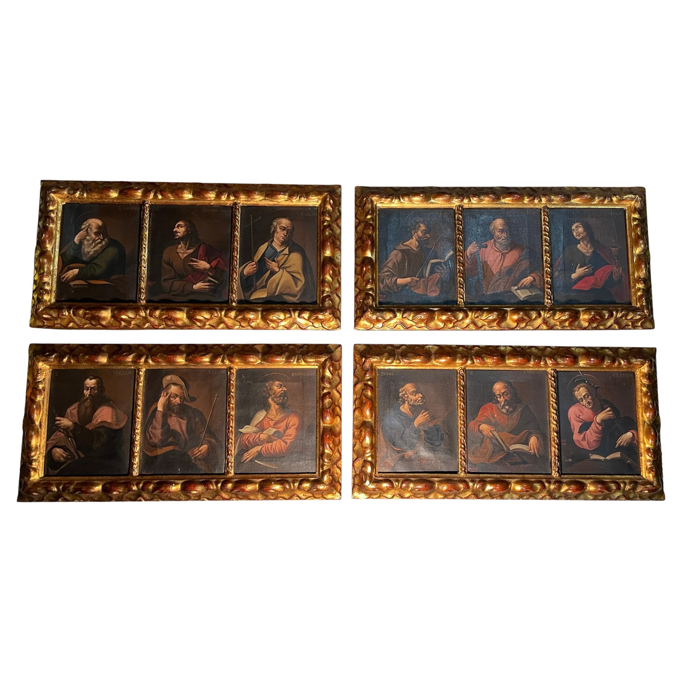 Set of Four Triptychs Oil Paintings on Canvas of the Twelve Apostles
