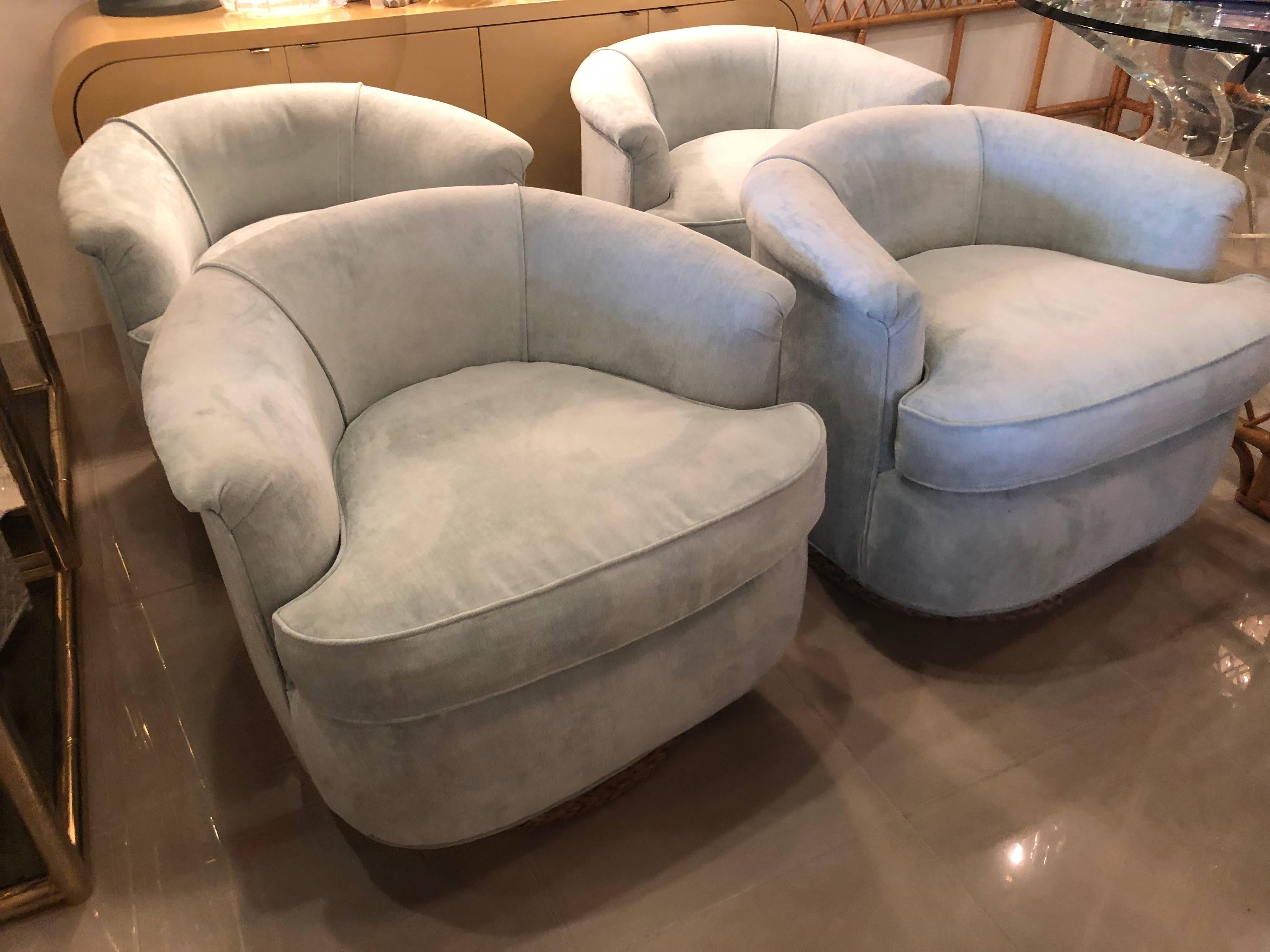 Beautiful set of four vintage tub, barrel, swivel armchairs, armchairs. These are newly upholstered in a light green, celadon color, cotton velvet, seagrass platform base. 
Overall depth 30.
 If you would like just a pair I will separate the four