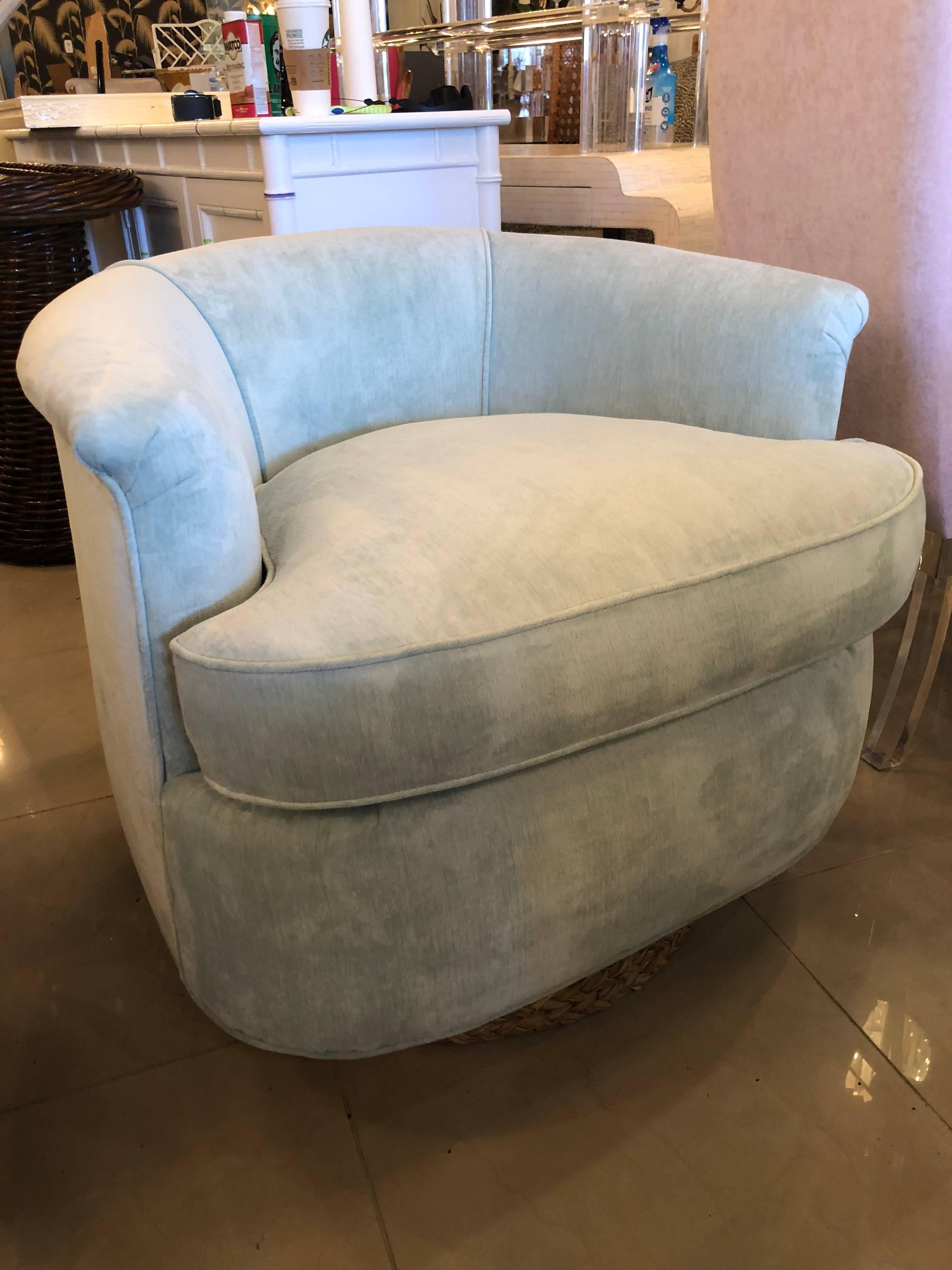 Set of Four Tub Barrel Swivel Armchairs, Upholstered Velvet, Seagrass Platform In Excellent Condition In West Palm Beach, FL