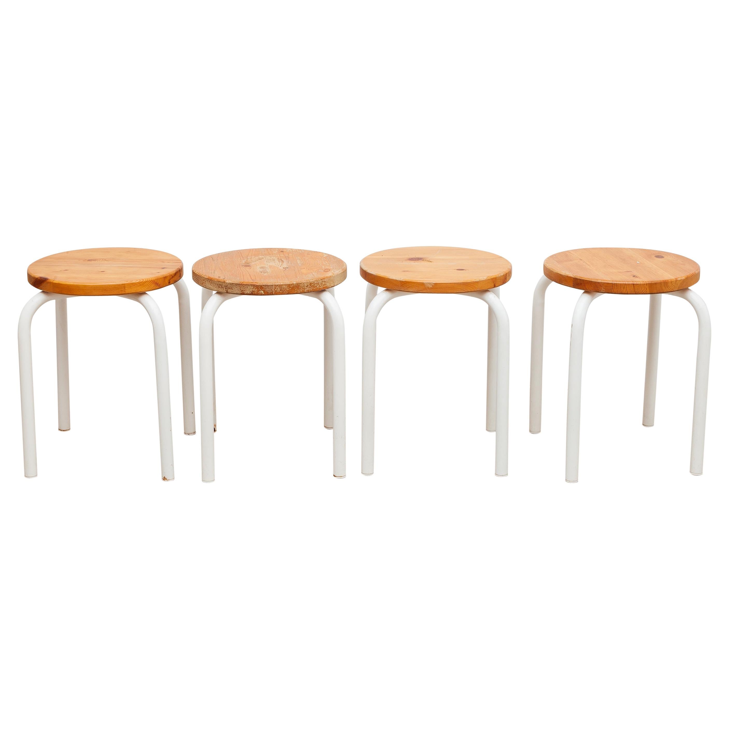 Set of Four Tubax Stacking Stools with Pine Seats, 1950s