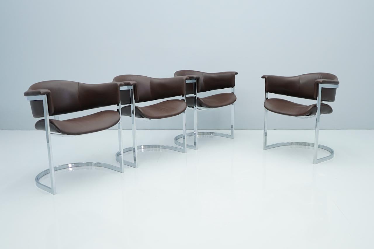 Set of Four Vittorio Introini, Chrome and Brown Leather Dining Chairs, 1970s 3