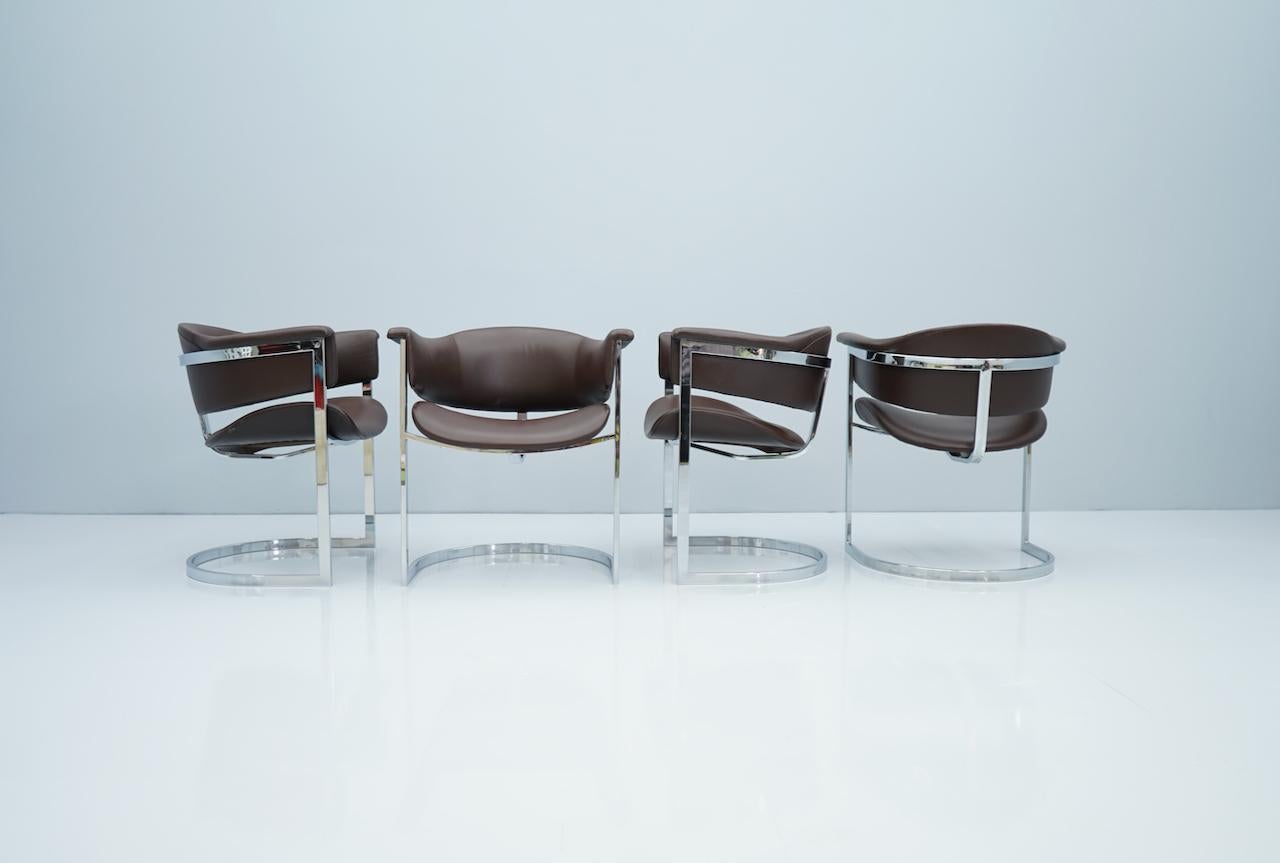 Set of Four Vittorio Introini, Chrome and Brown Leather Dining Chairs, 1970s 4