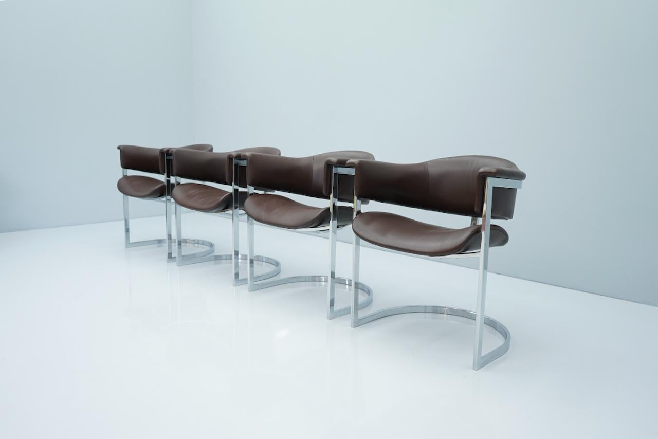 Mid-Century Modern Set of Four Vittorio Introini, Chrome and Brown Leather Dining Chairs, 1970s