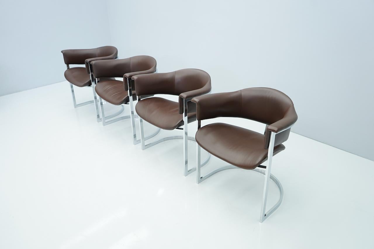 European Set of Four Vittorio Introini, Chrome and Brown Leather Dining Chairs, 1970s