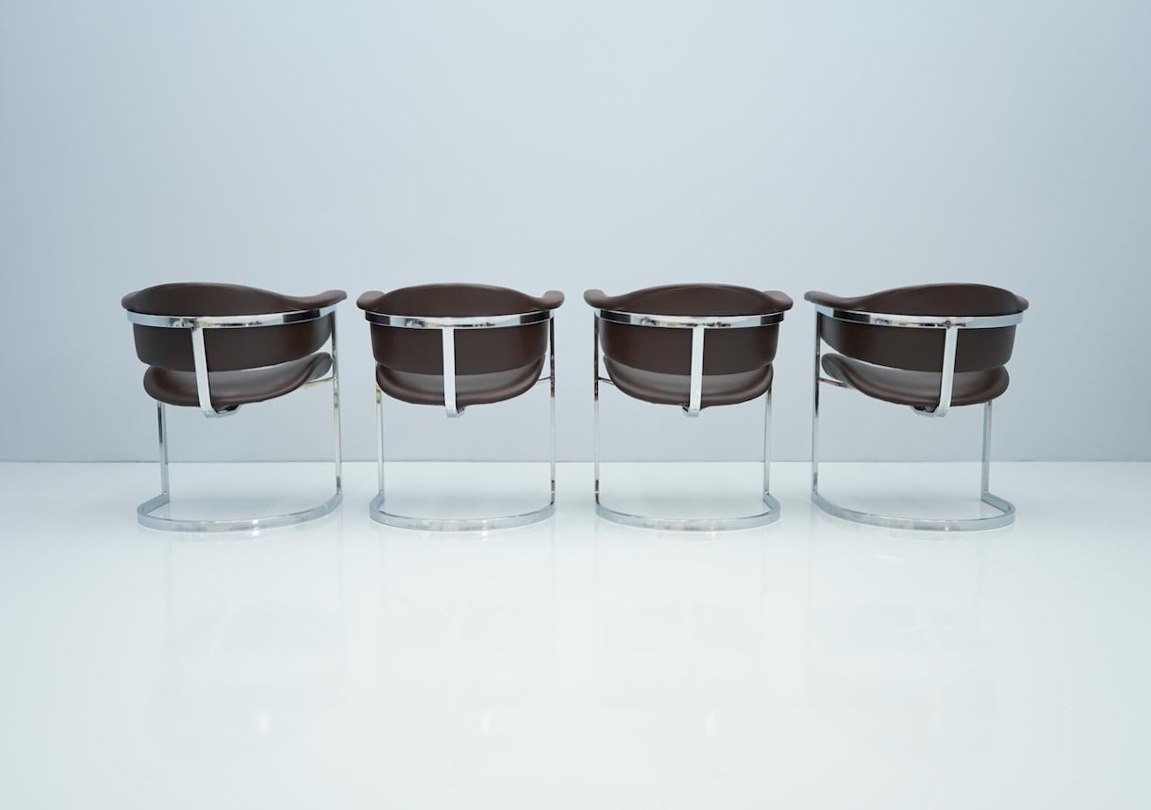 Set of Four Vittorio Introini, Chrome and Brown Leather Dining Chairs, 1970s In Good Condition In Frankfurt / Dreieich, DE