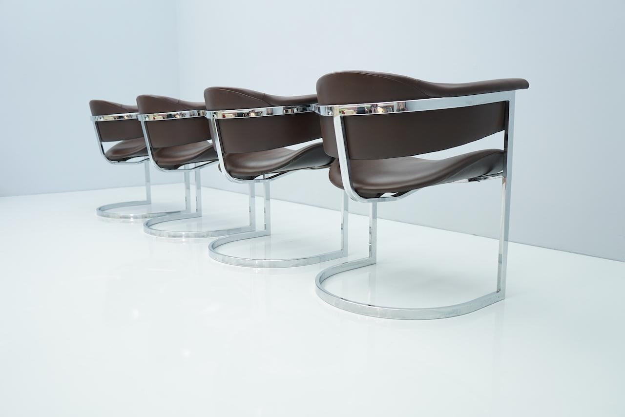 Late 20th Century Set of Four Vittorio Introini, Chrome and Brown Leather Dining Chairs, 1970s