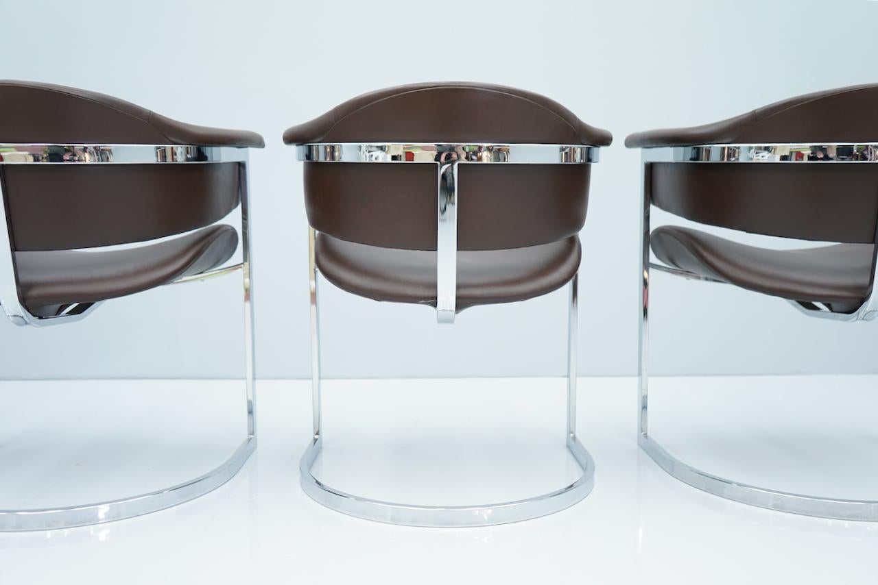 Set of Four Vittorio Introini, Chrome and Brown Leather Dining Chairs, 1970s 1