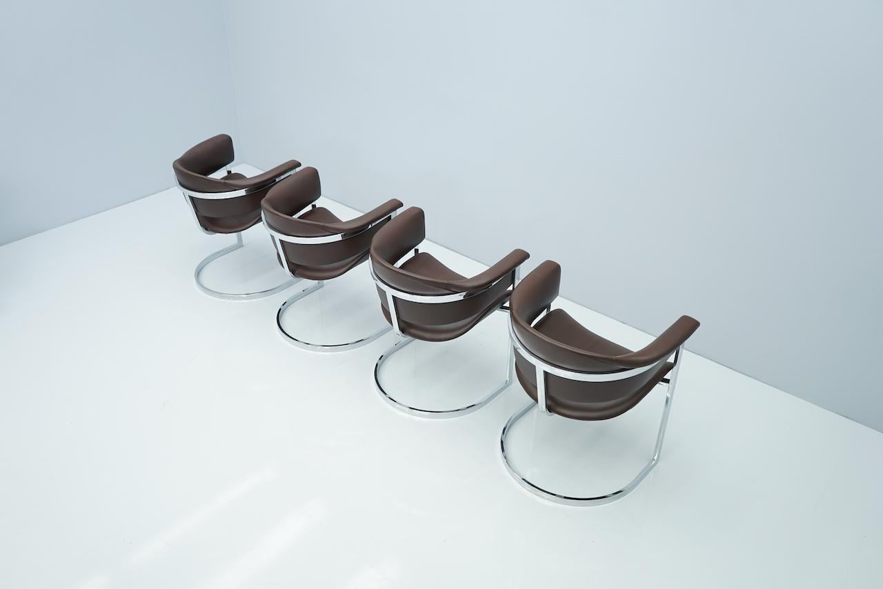 Set of Four Vittorio Introini, Chrome and Brown Leather Dining Chairs, 1970s 2