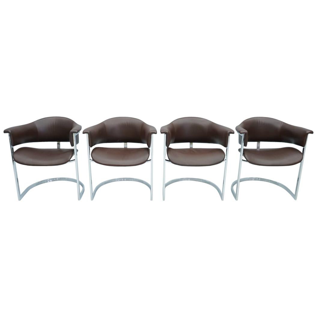 Set of Four Vittorio Introini, Chrome and Brown Leather Dining Chairs, 1970s