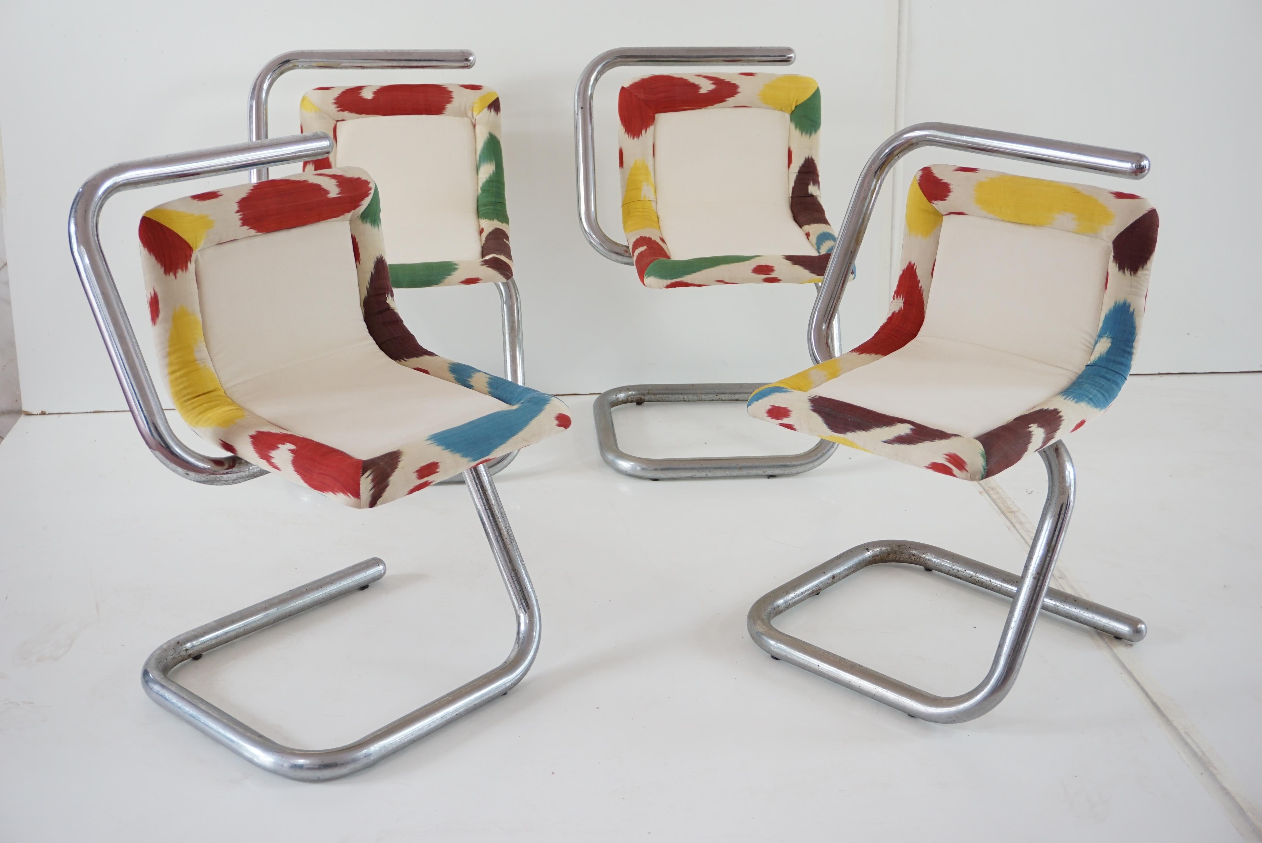 Italian Set of Four Tubular Chrome Chairs, Velvet and Ikat, 1970 For Sale
