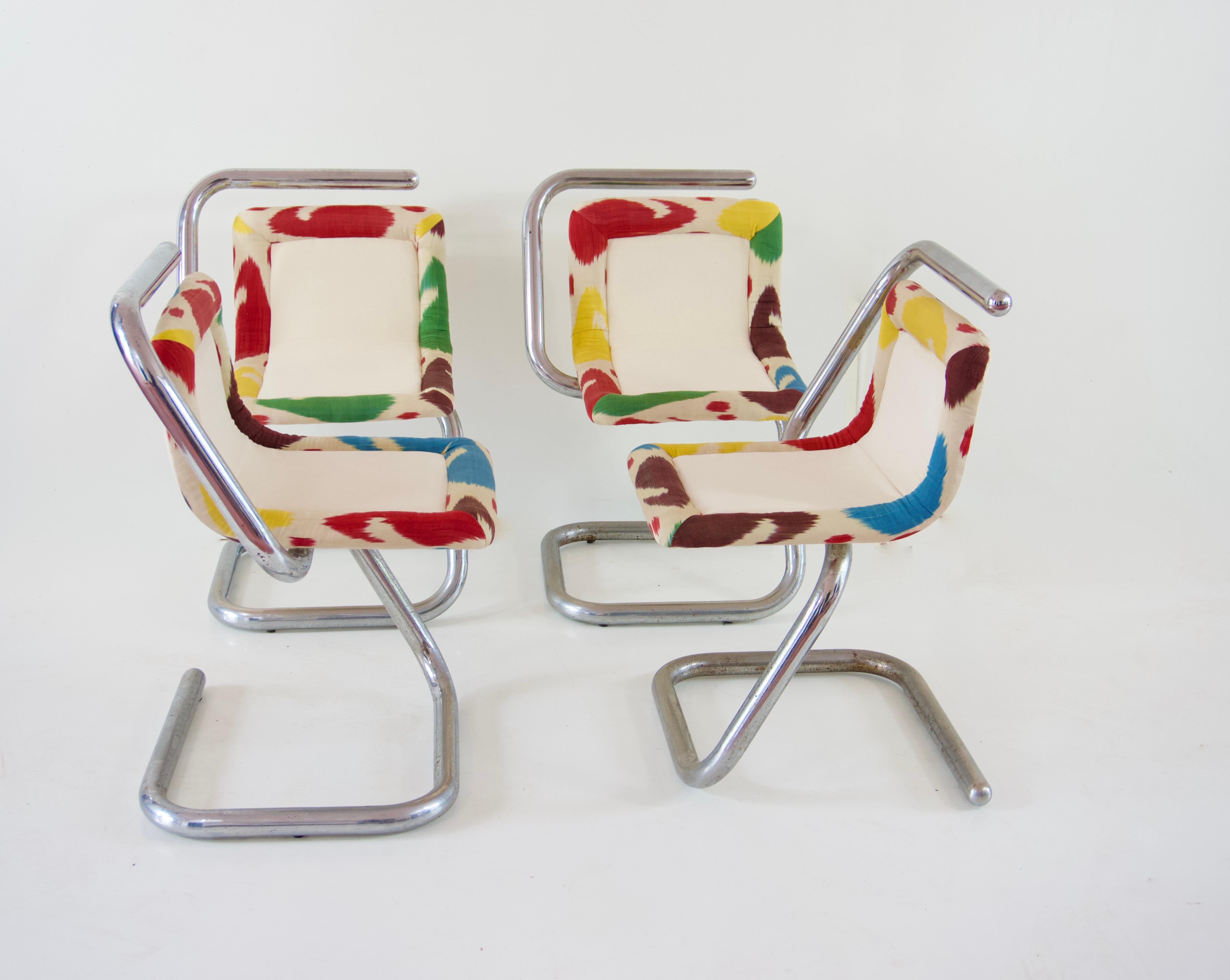 Set of Four Tubular Chrome Chairs, Velvet and Ikat, 1970 by Giotto Stoppino In Good Condition For Sale In Rome, IT