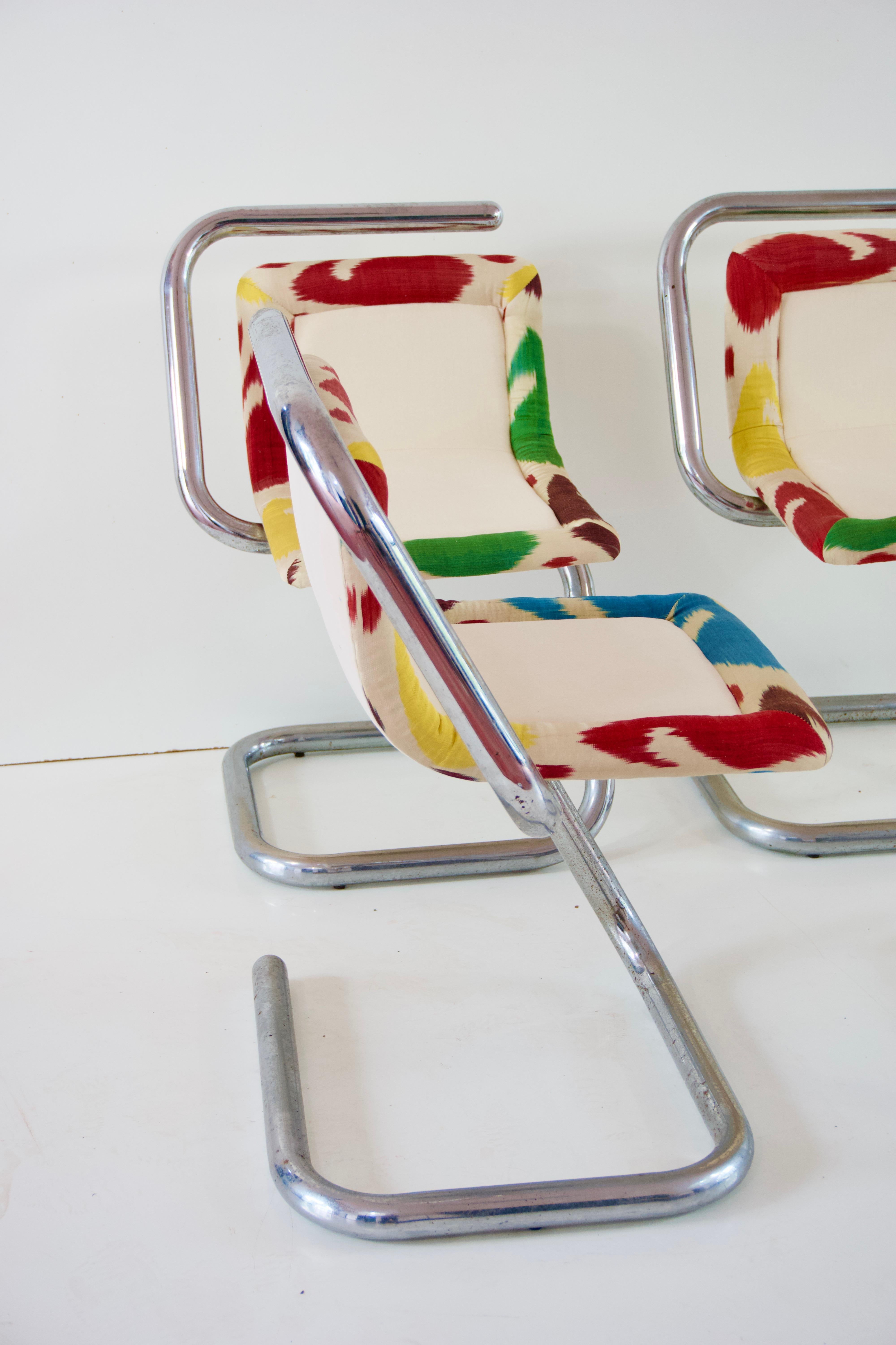 Late 20th Century Set of Four Tubular Chrome Chairs, Velvet and Ikat, 1970 For Sale