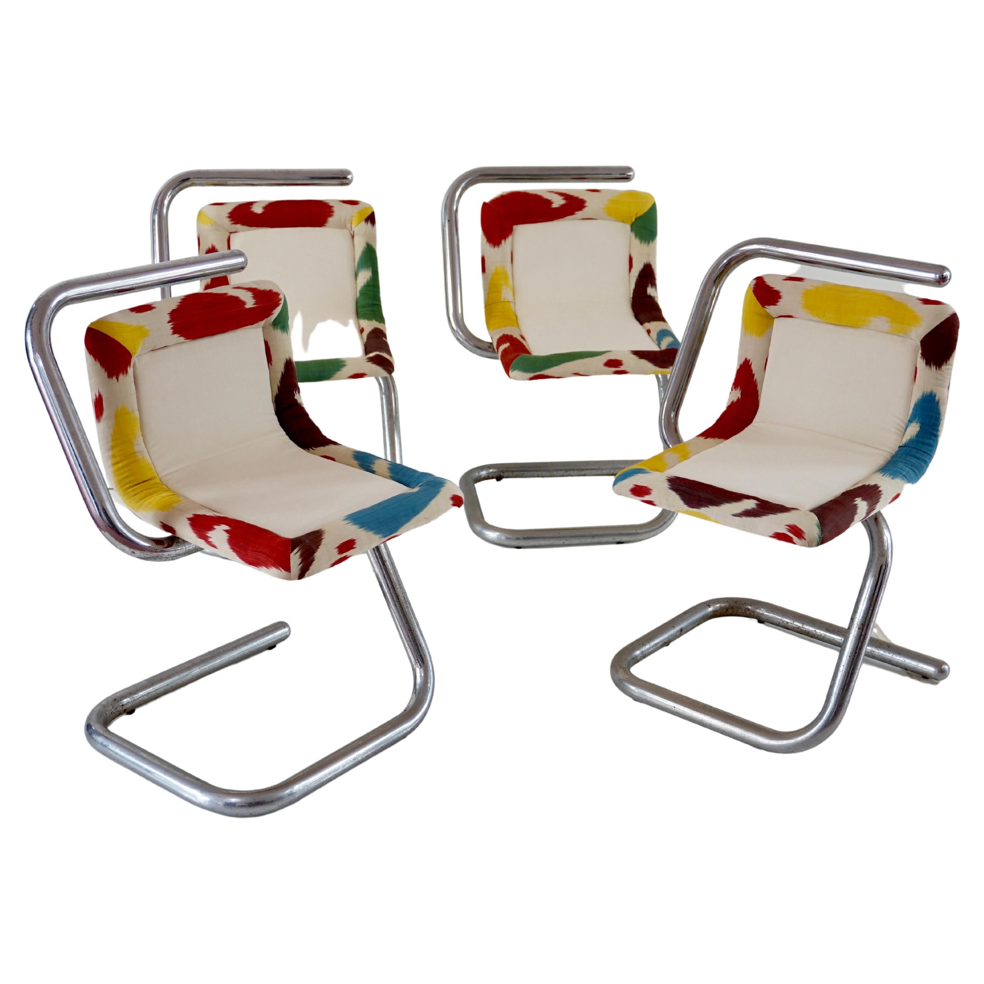 Set of Four Tubular Chrome Chairs, Velvet and Ikat, 1970 For Sale