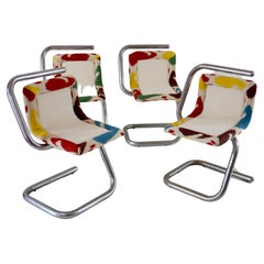 Set of Four Tubular Chrome Chairs, Velvet and Ikat, 1970