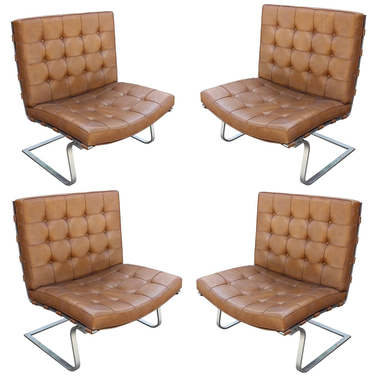 Set of Four Tufted Brown Leather Mies Van Der Rohe Tugendhat Chairs