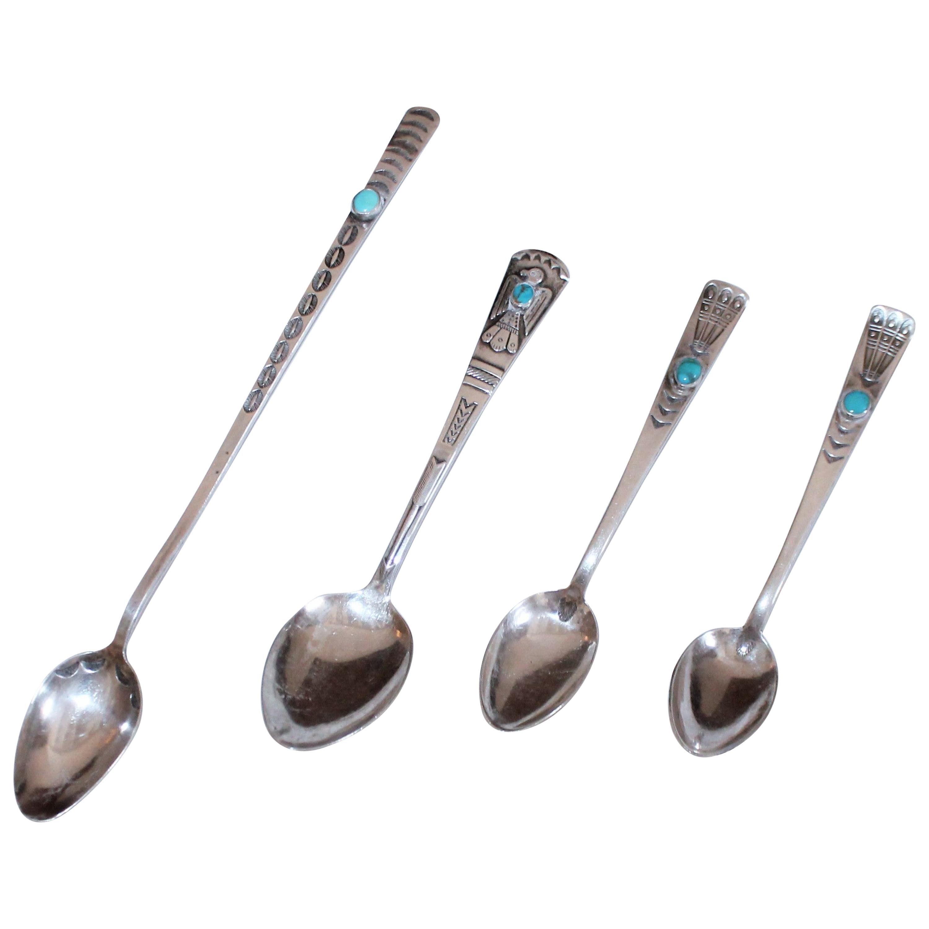 Set of Four Turquoise and Silver Spoons For Sale