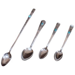 Used Set of Four Turquoise and Silver Spoons