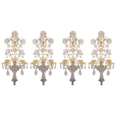 Antique Set of Four Two-Light Gilt Metal Carved Rock Crystal Wall Sconce