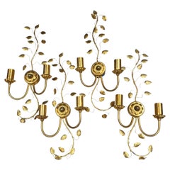 Set of Four Two-Light stunning Leaf Tole Sconces Gilded Metal, Italy, 1960s
