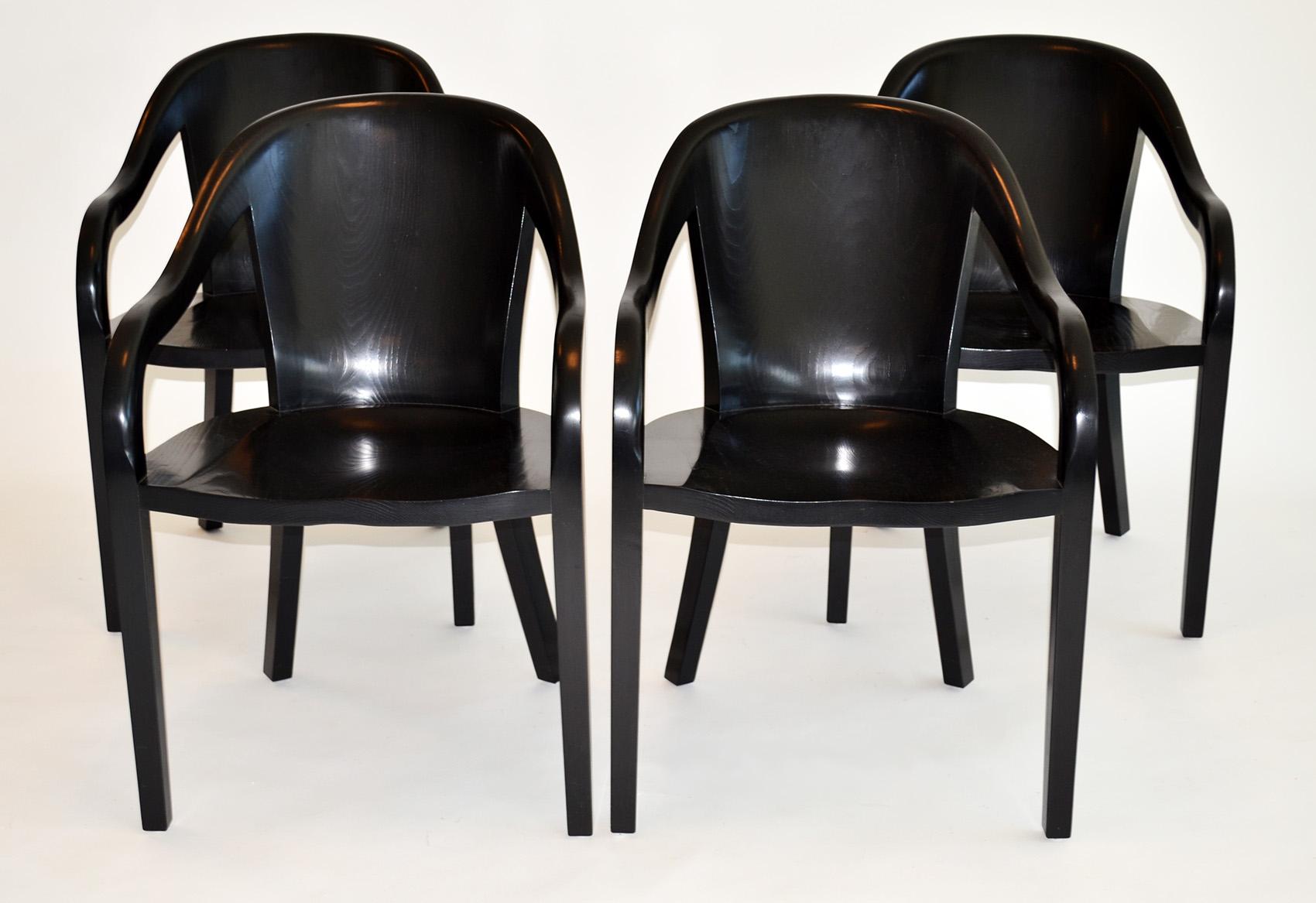 Set of four Ward Bennett University chairs for Brickell Associstes executed in black Ash. Bennett produced these chairs through Brickell Associates in the 1970s.
Designed in 1971 for the Lyndon Johnson Presidential Library, The outwardly simple