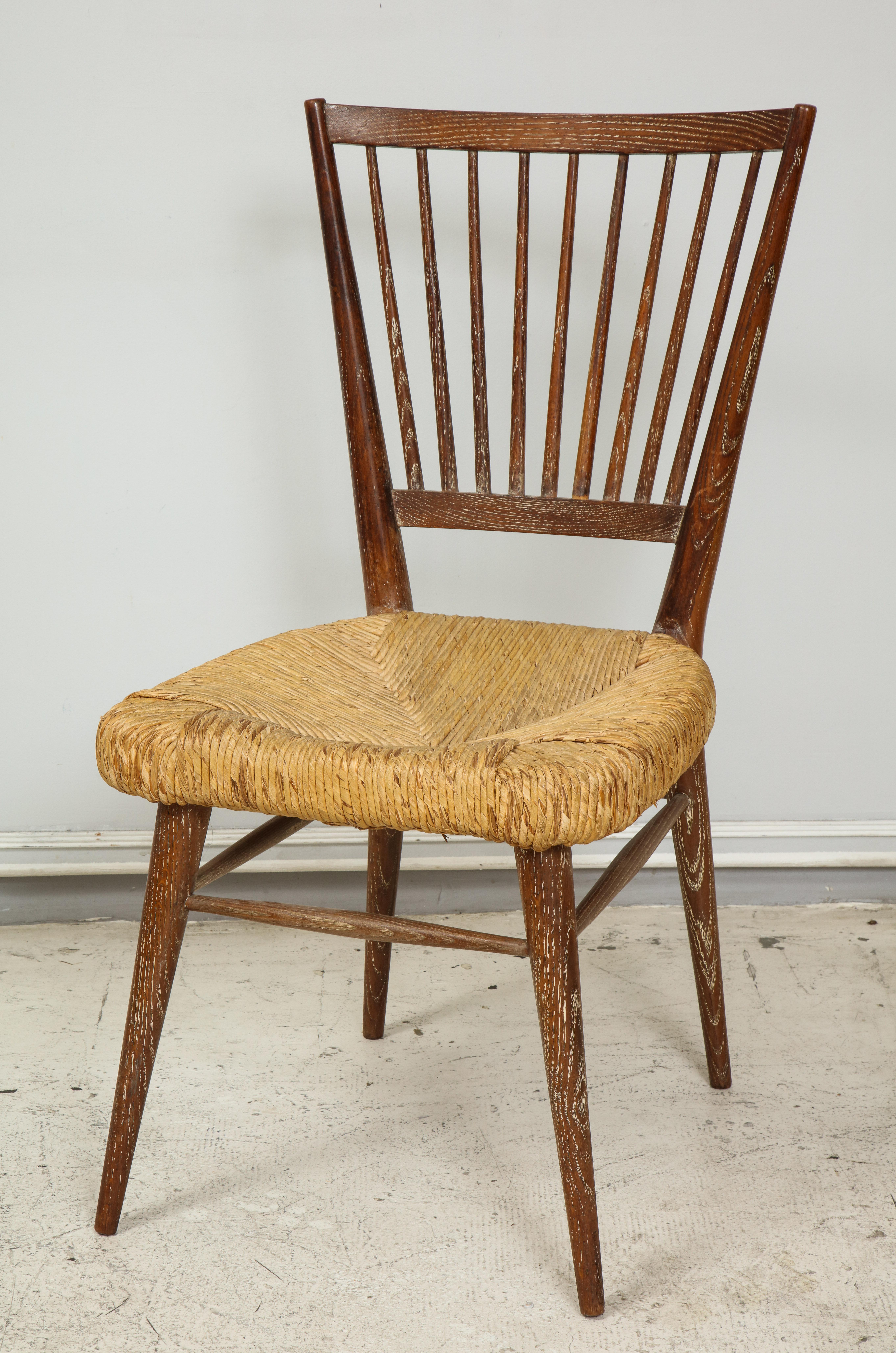 Modern Set of Four Italian Midcentury Cerused Oak Chairs with Rushed Seats For Sale