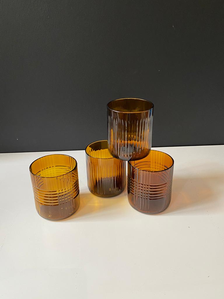 Set of Four Up-Cycled Dark Amber Color Glass Tumblers In New Condition In Istanbul, TR