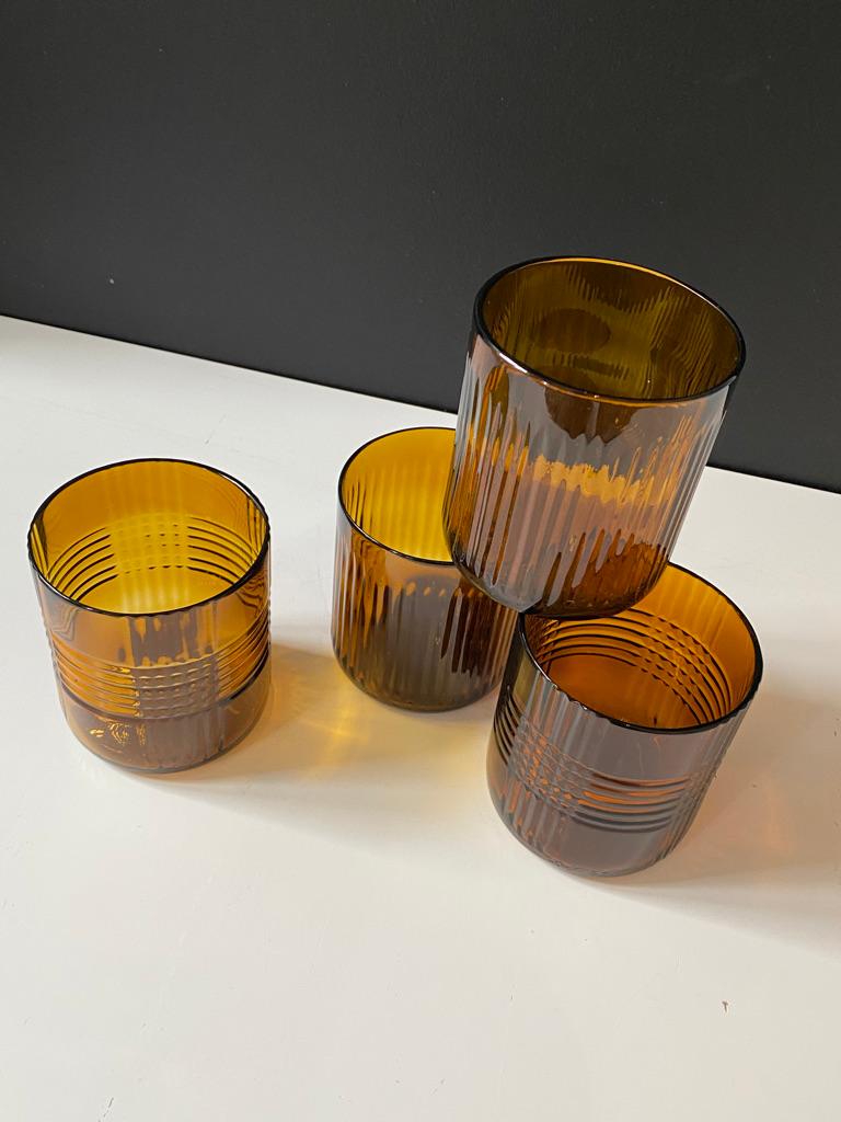 Contemporary Set of Four Up-Cycled Dark Amber Color Glass Tumblers