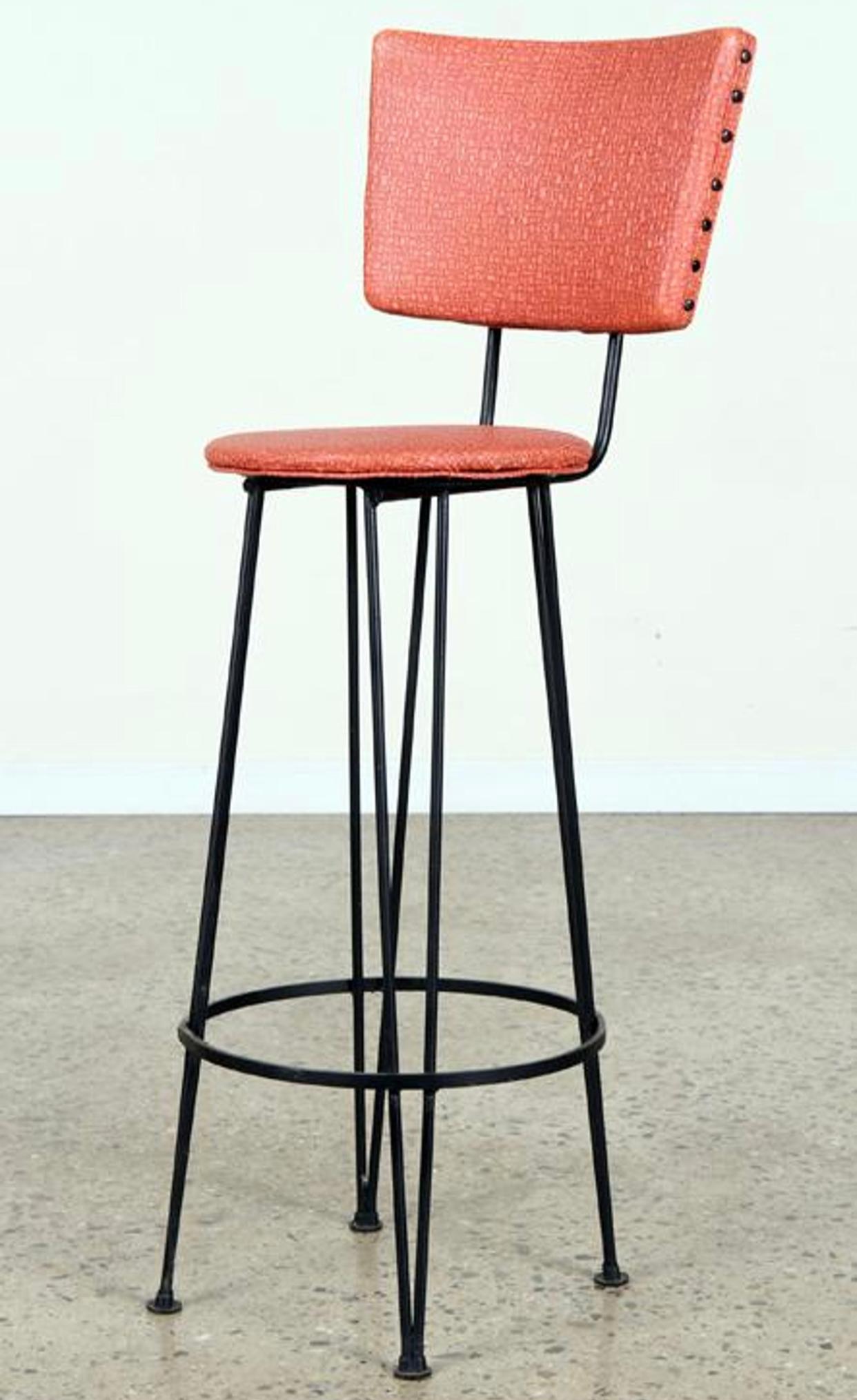 Mid-Century Modern Set of Four Upholstered Iron Barstools