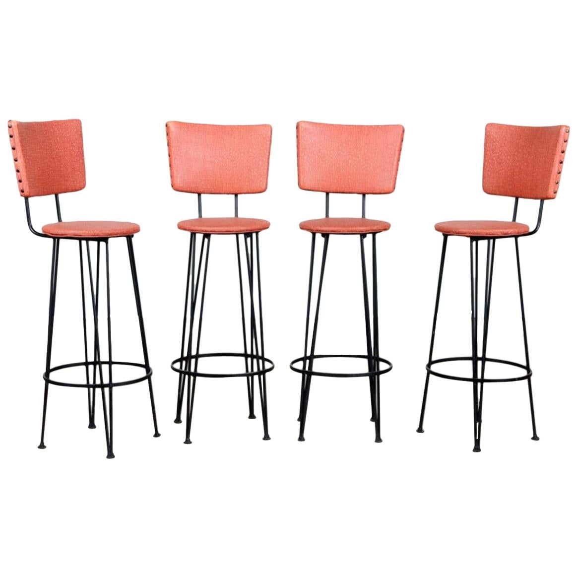 Set of Four Upholstered Iron Barstools