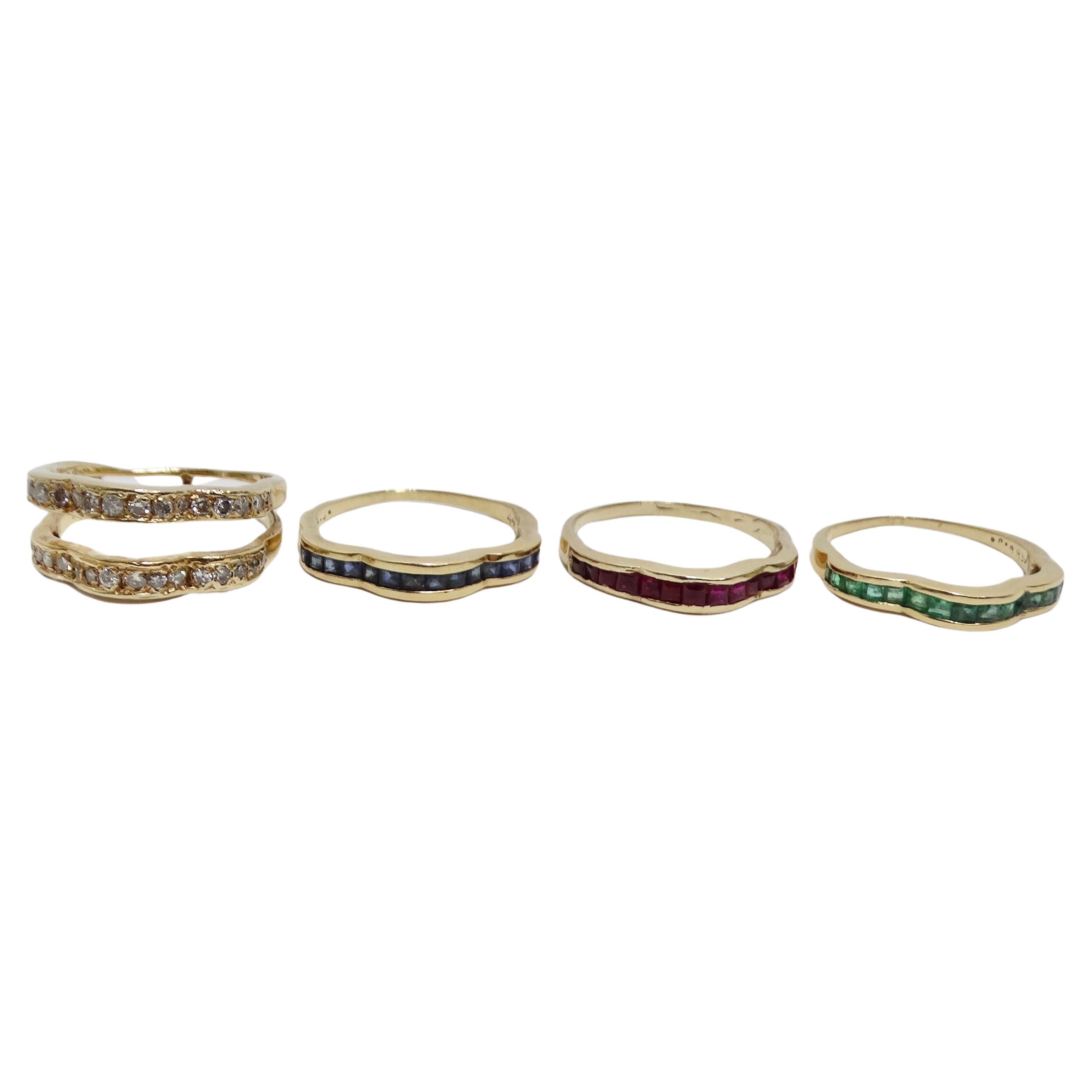 Van Cleef Inspired Set of Four Diamond, Ruby, Emerald, Sapphire 18K Gold Rings For Sale