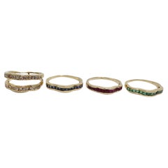 Retro Van Cleef Inspired Set of Four Diamond, Ruby, Emerald, Sapphire 18K Gold Rings