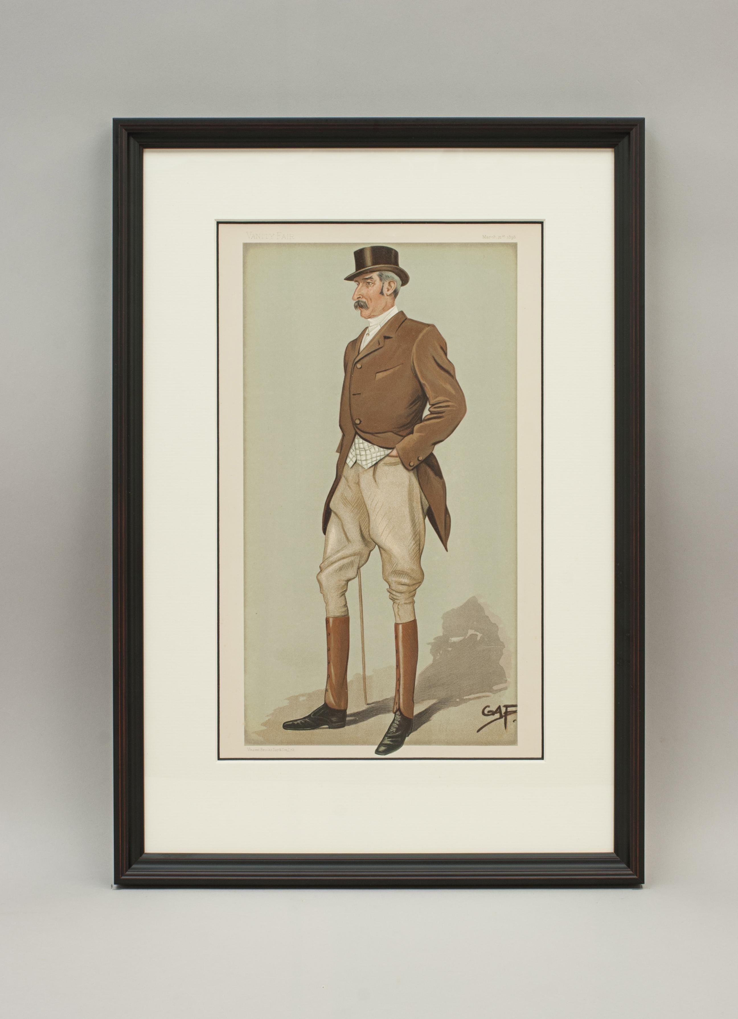 A set of four framed vanity fair equestrian caricature pictures.
A great collection of 'Men of the Day' hunting, equestrian caricatures from 'Vanity Fair' by Spy and GAF. All are framed in new black frames with double mounts. These are a great wall
