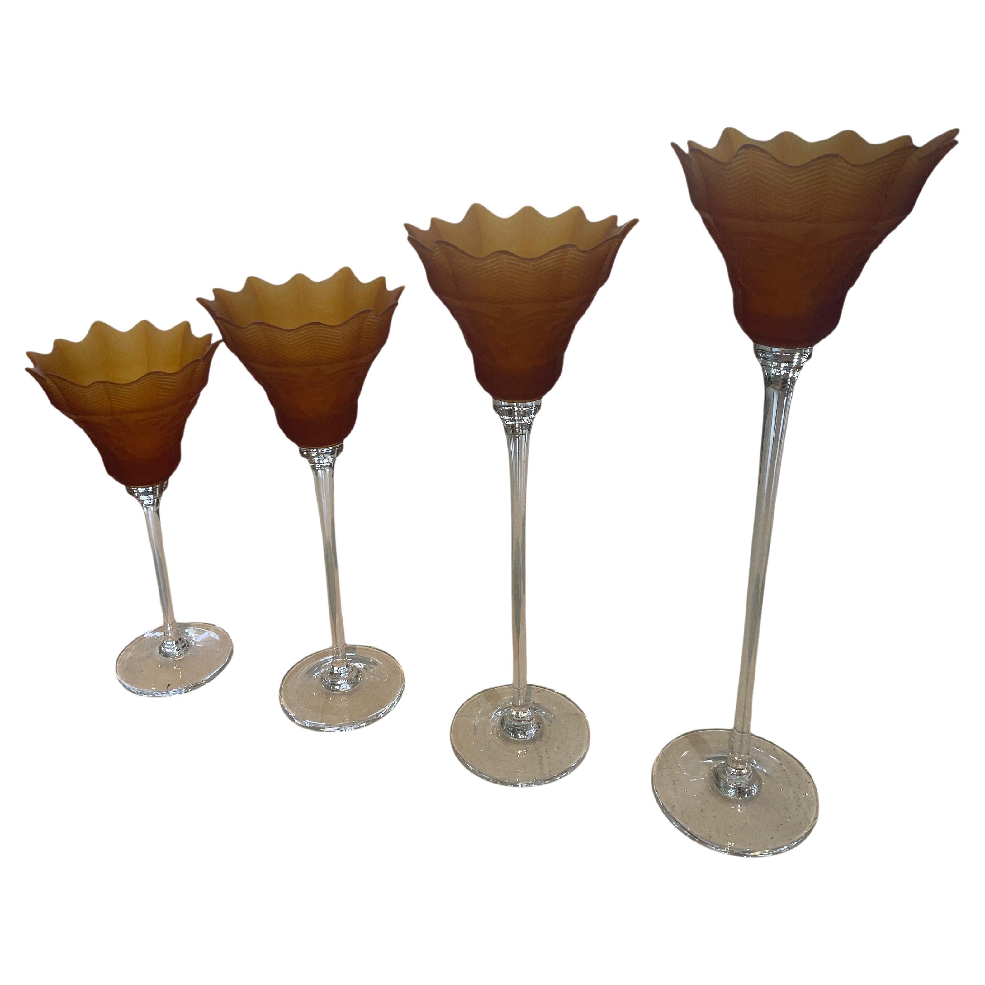 Set of Four Varying-sized Vintage Frosted Floriform Candleholders For Sale