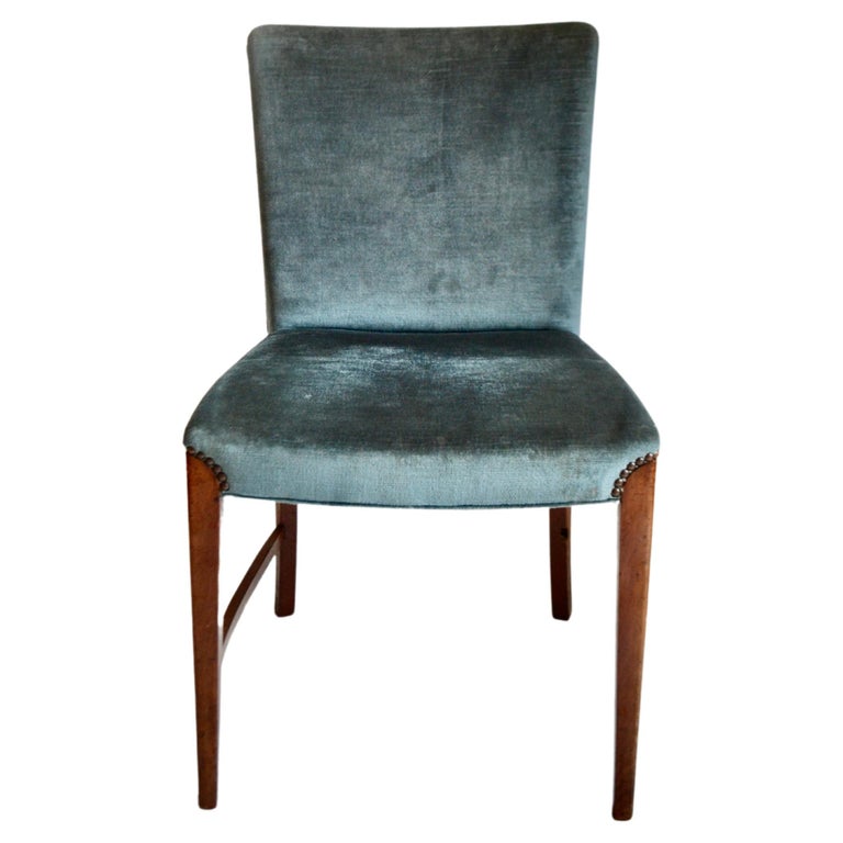Set of Four Velvet and Walnut Danish Dining Chairs by P. A. Nielsen & Co, 1940s For Sale