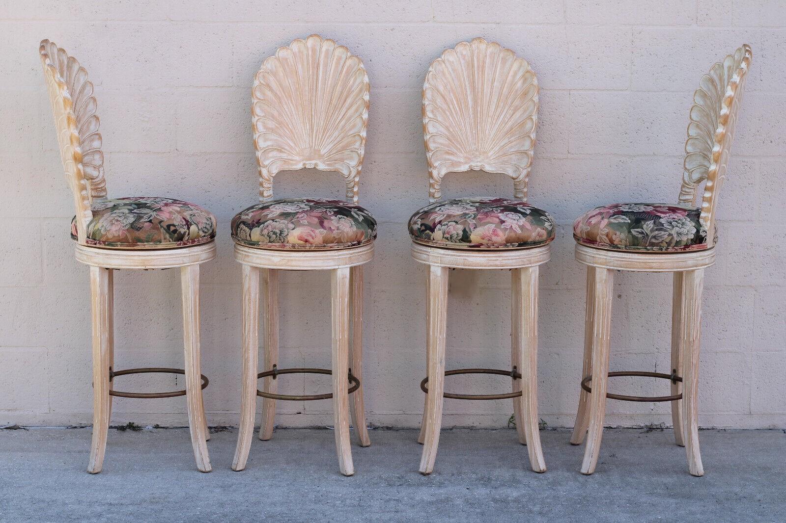 Set of Four Venetian Grotto Style Shell Back Swivel Bar Stools In Good Condition In Vero Beach, FL