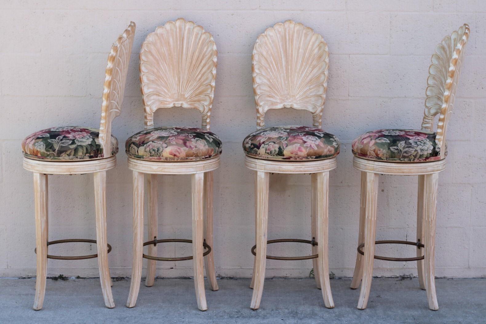 20th Century Set of Four Venetian Grotto Style Shell Back Swivel Bar Stools