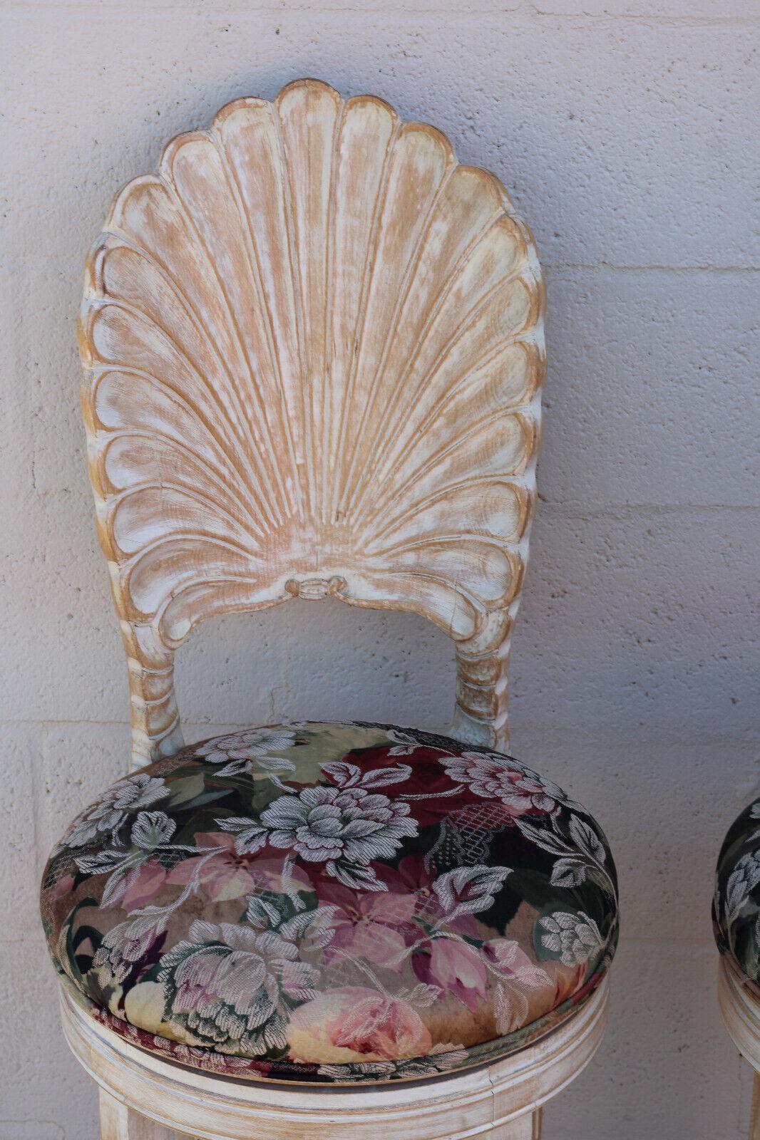 Wood Set of Four Venetian Grotto Style Shell Back Swivel Bar Stools