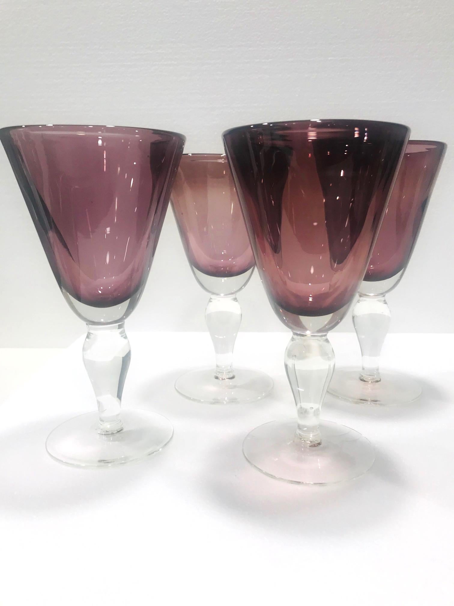 Mid-Century Modern Set of Four Venetian Murano Glass Goblets in Purple Amethyst, Italy, circa 1990
