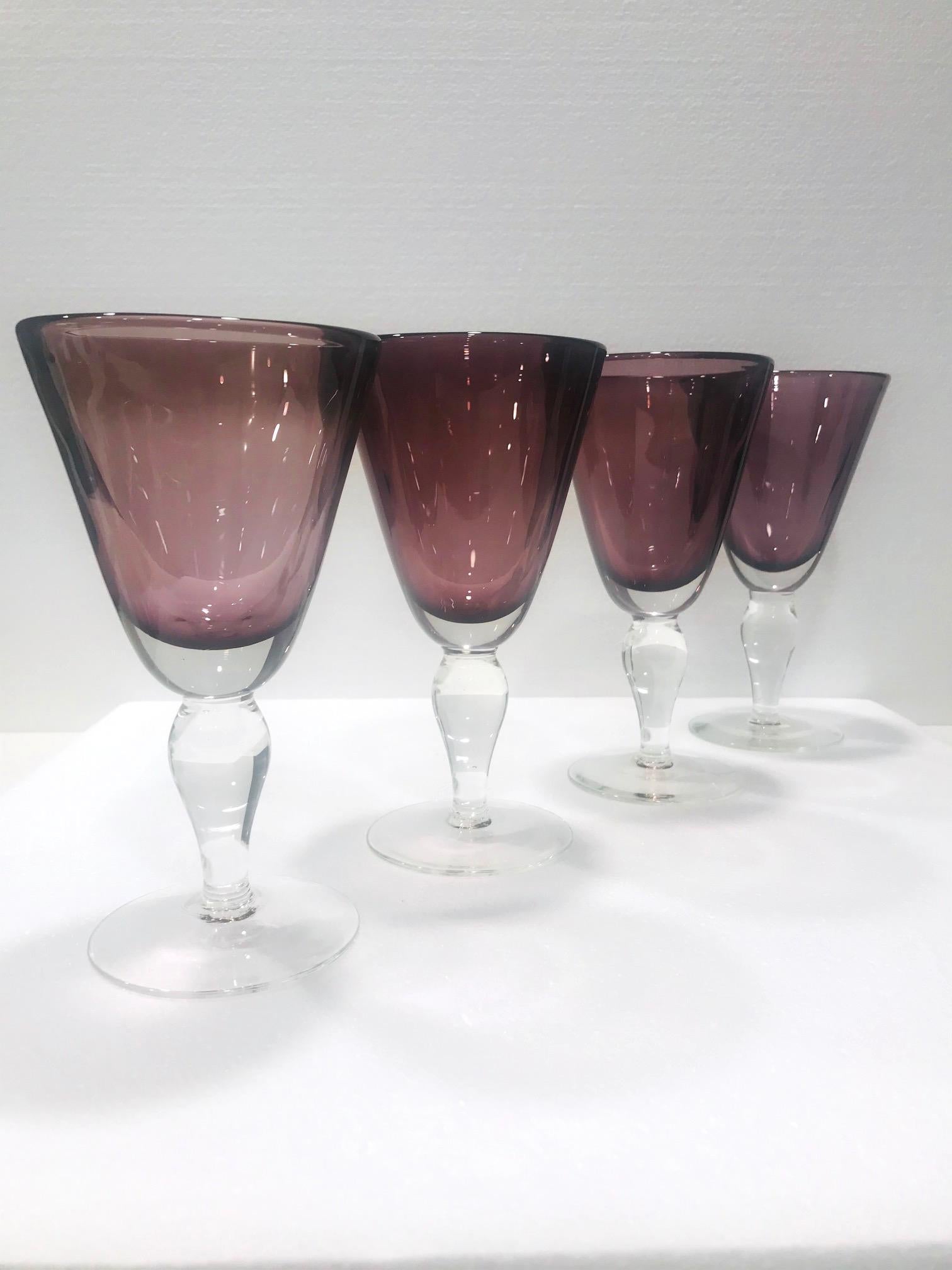 Italian Set of Four Venetian Murano Glass Goblets in Purple Amethyst, Italy, circa 1990