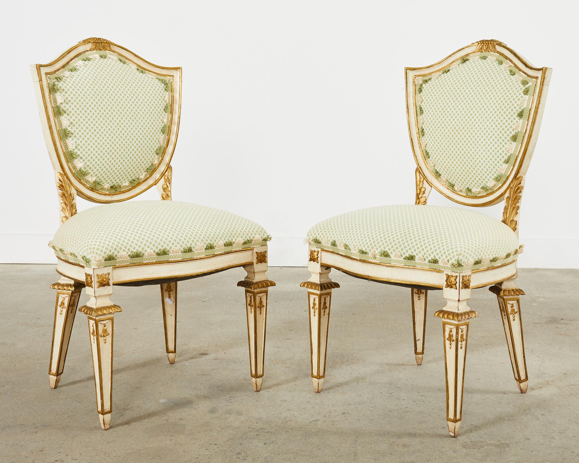 Set of Four Venetian Parcel Gilt Painted Shield Back Dining Chairs For Sale 4