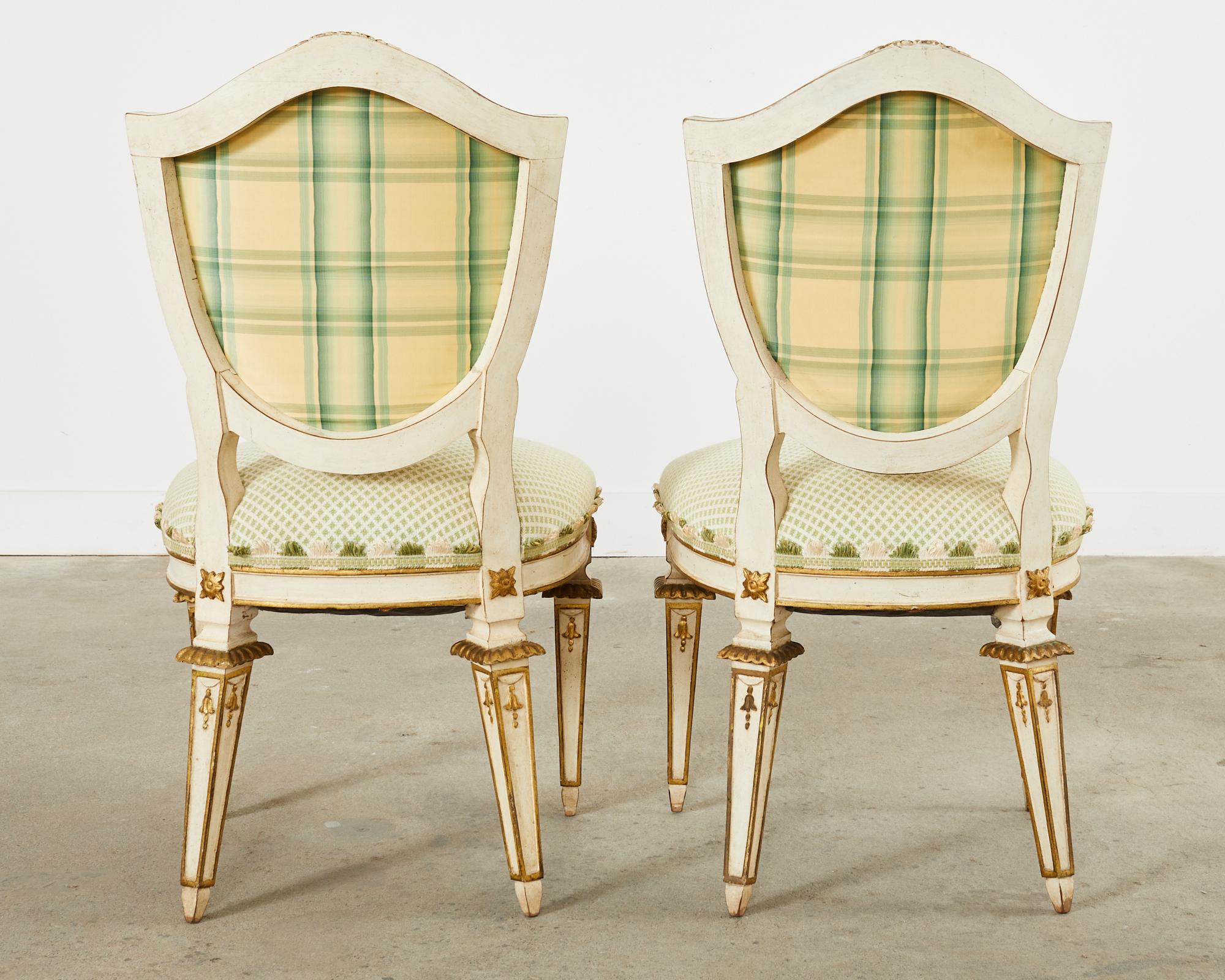 Set of Four Venetian Parcel Gilt Painted Shield Back Dining Chairs For Sale 10
