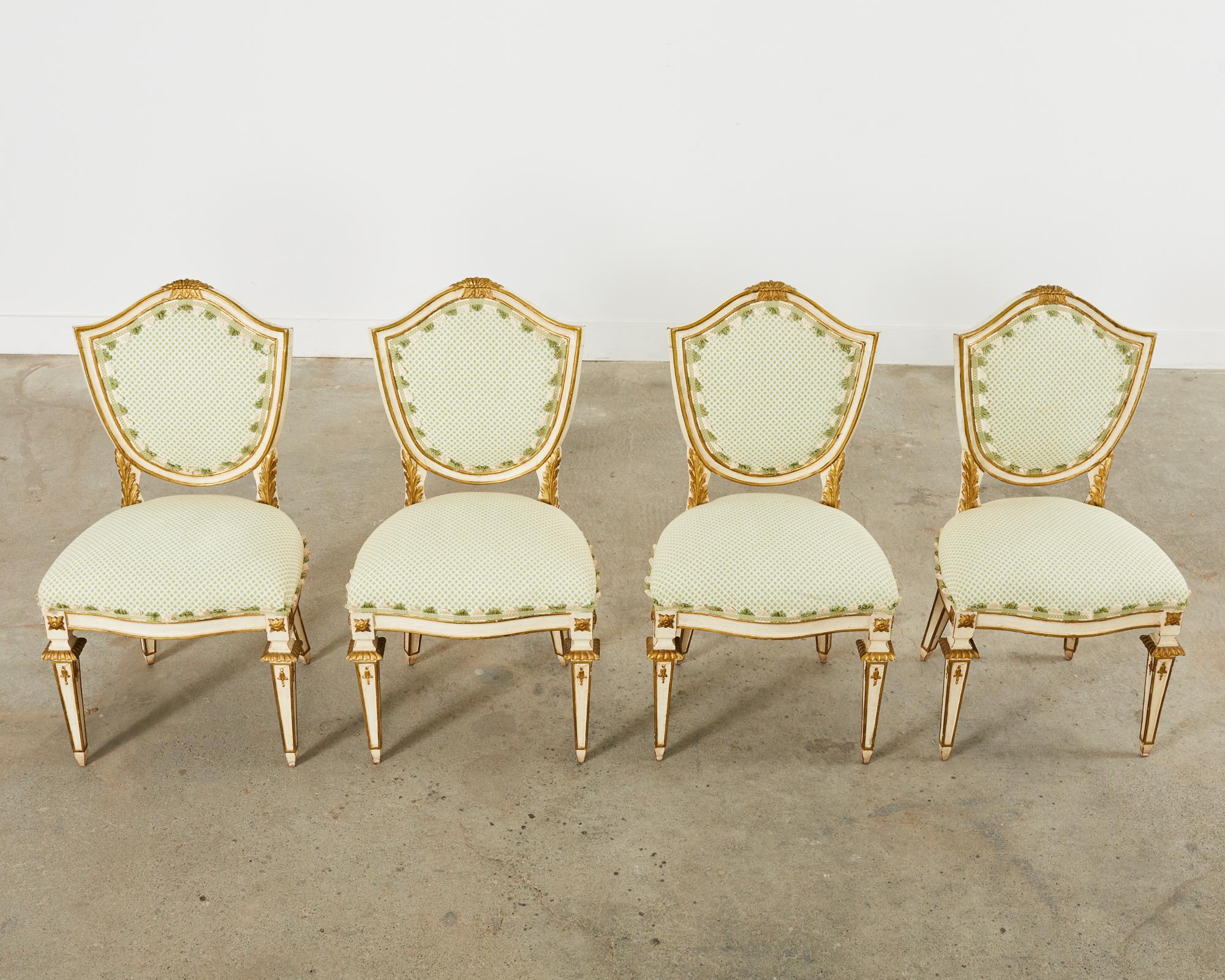 Baroque Set of Four Venetian Parcel Gilt Painted Shield Back Dining Chairs For Sale