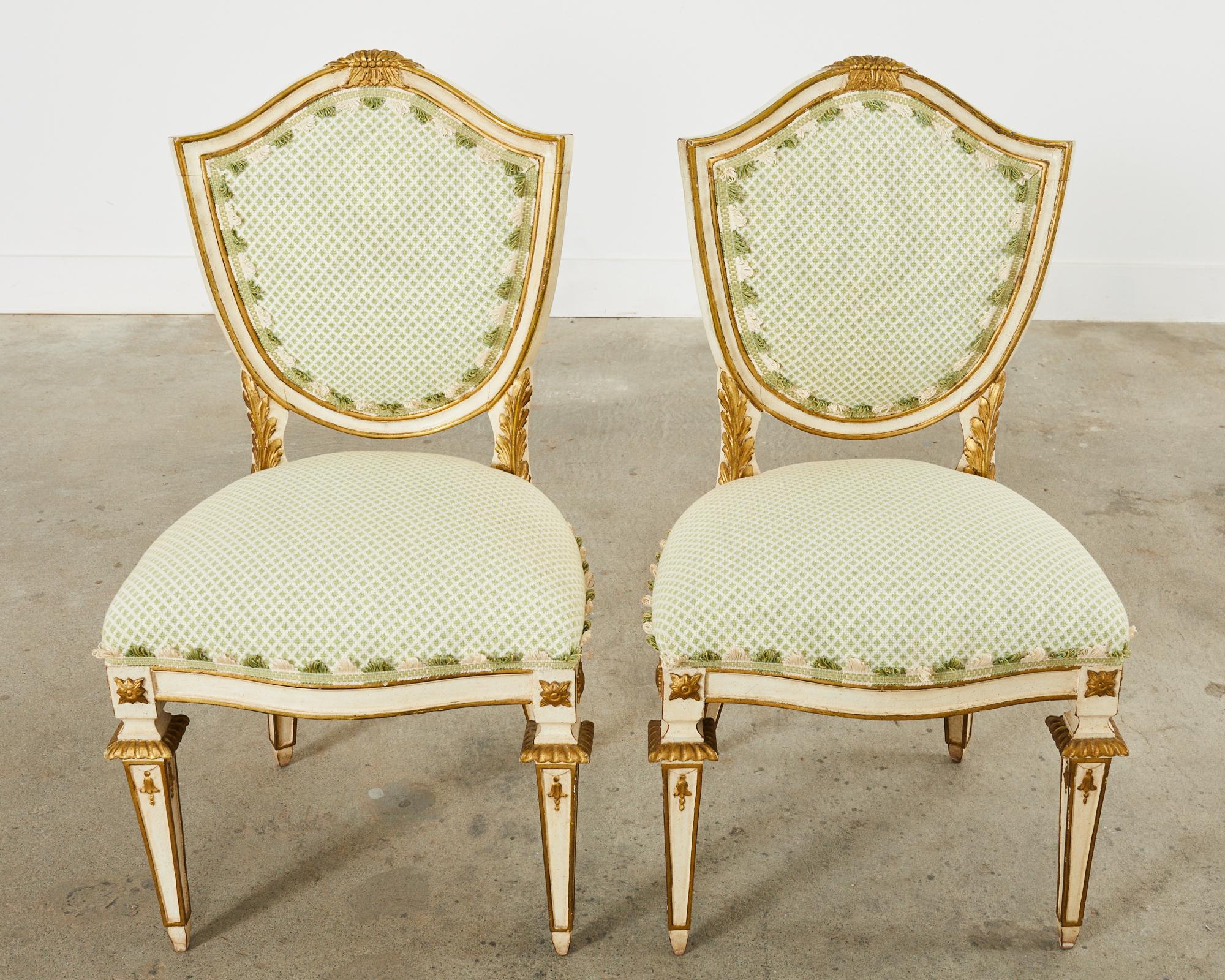 Set of Four Venetian Parcel Gilt Painted Shield Back Dining Chairs For Sale 1