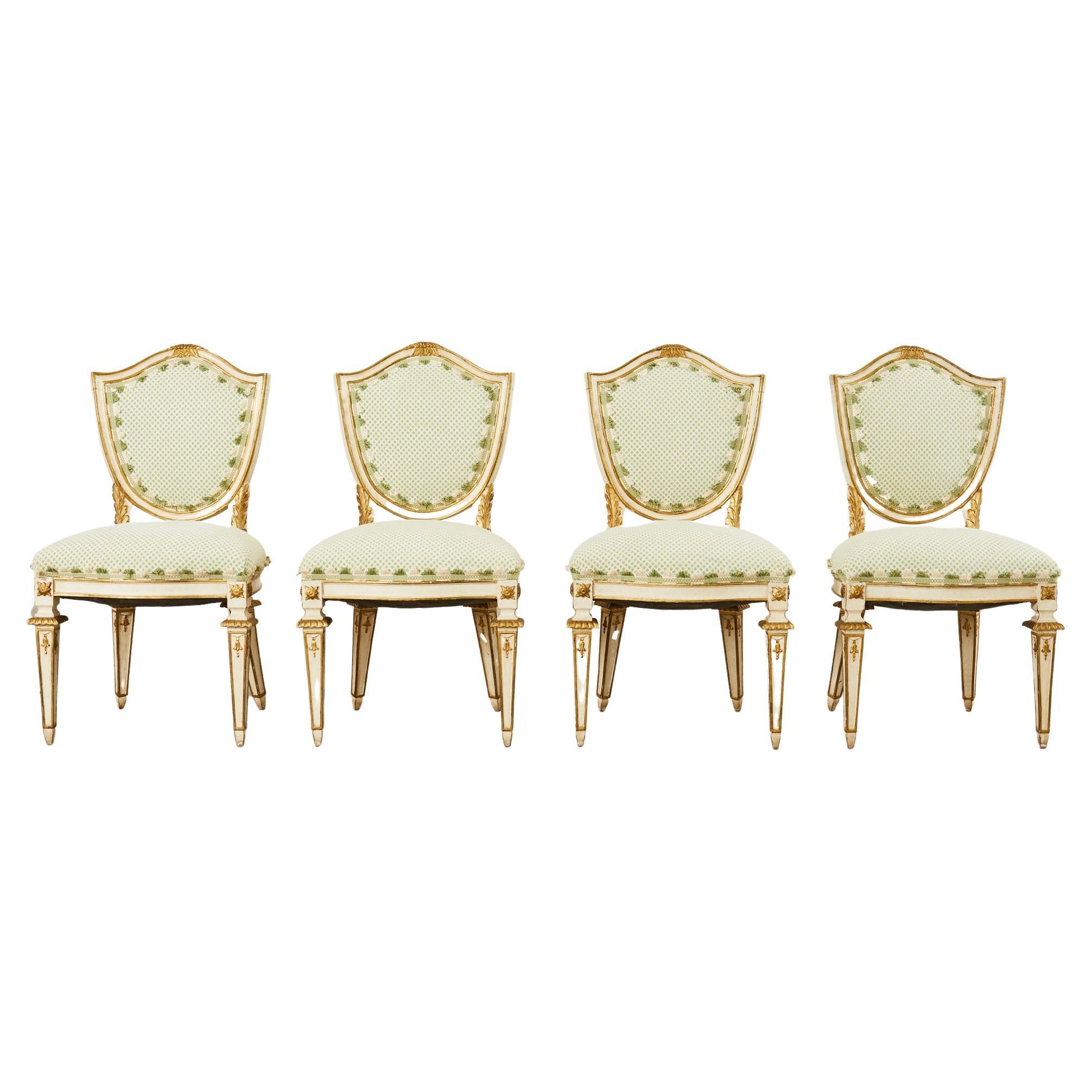 Set of Four Venetian Parcel Gilt Painted Shield Back Dining Chairs For Sale