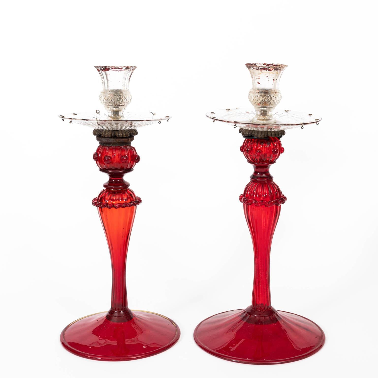 Italian Set of Four Venetian Ruby Glass Candle Sticks