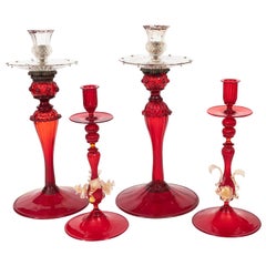 Set of Four Venetian Ruby Glass Candle Sticks