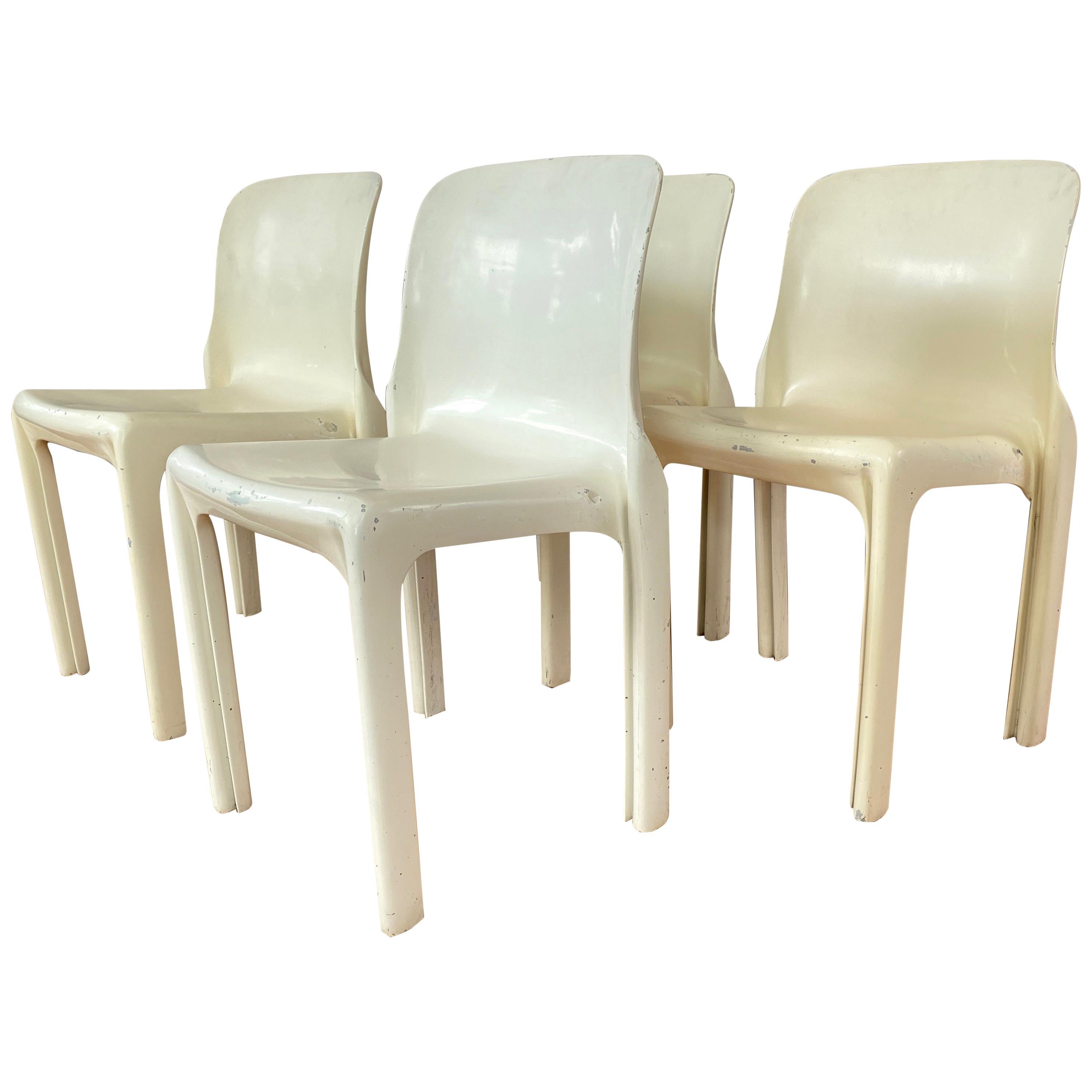 Set of Four Vico Magistretti for Artemide Early White Selene Chairs, 1968