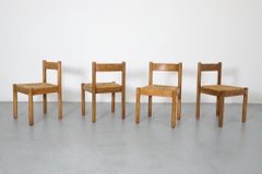 Set of Four Vico Magistretti Style Dining Chairs with Pine Frames and Rush Seats