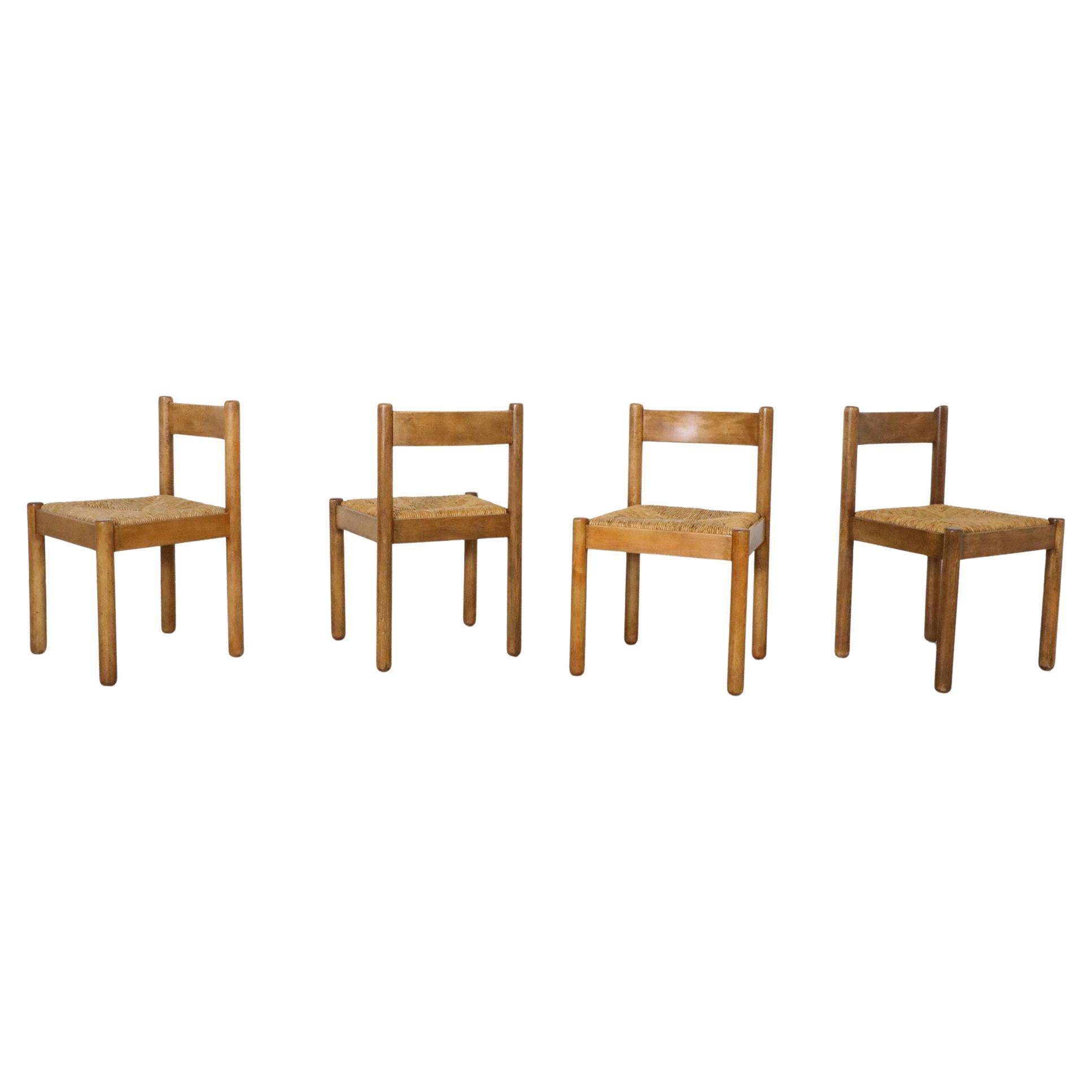 Set of Four Vico Magistretti Style Dining Chairs with Pine Frames and Rush Seats
