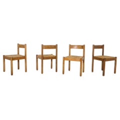 Set of Four Vico Magistretti Style Dining Chairs with Pine Frames and Rush Seats